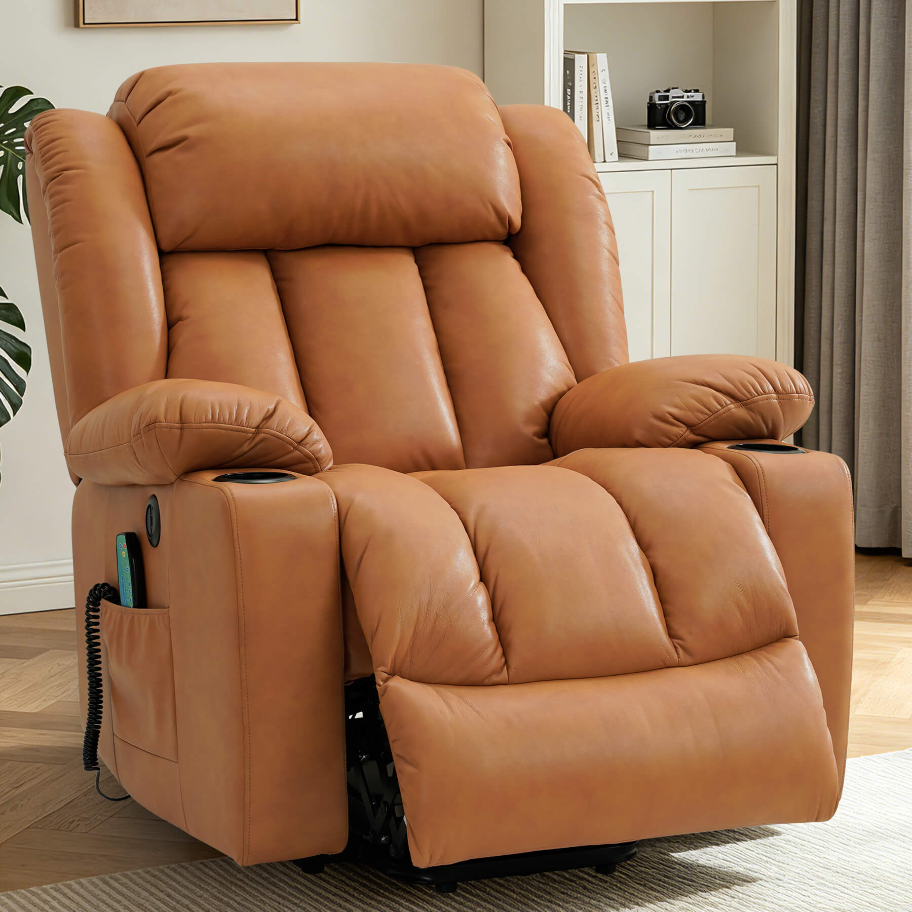 Orange leather lift recliner chair in a living room setting