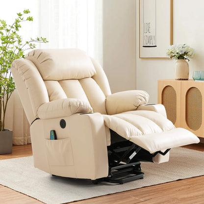 Asjmreye beige power lift chair in reclining position. Perfect for reading, watching TV and sleeping.