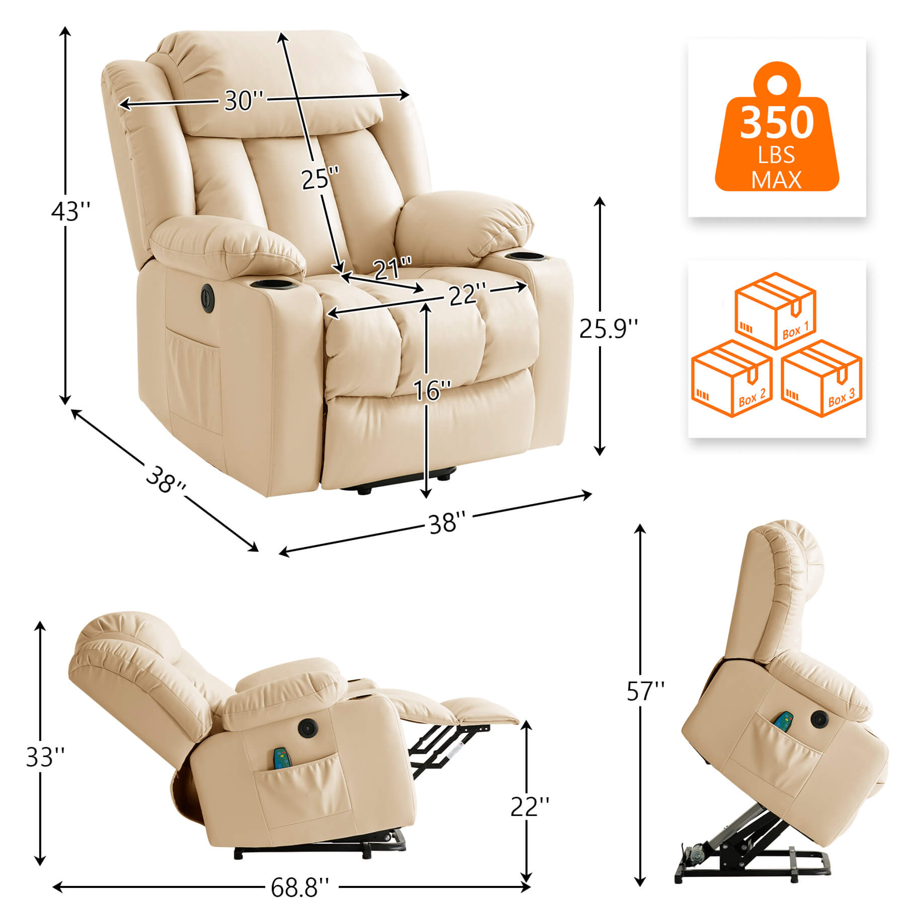 Beige recliner size data. Overall dimensions: 38“ x 38” x 43”, Weight capacity: 350lbs. Packed in 3 boxes.