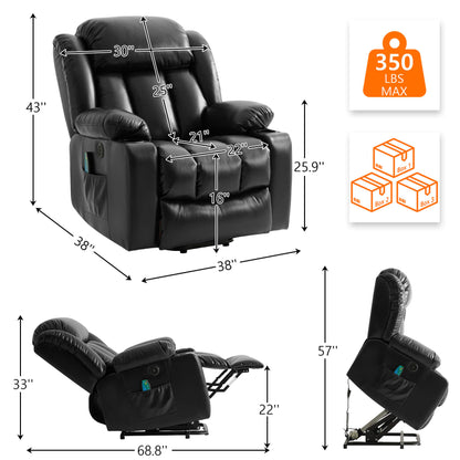 Black recliner size data. Overall dimensions: 38“ x 38” x 43”, Weight capacity: 350lbs. Packed in 3 boxes.