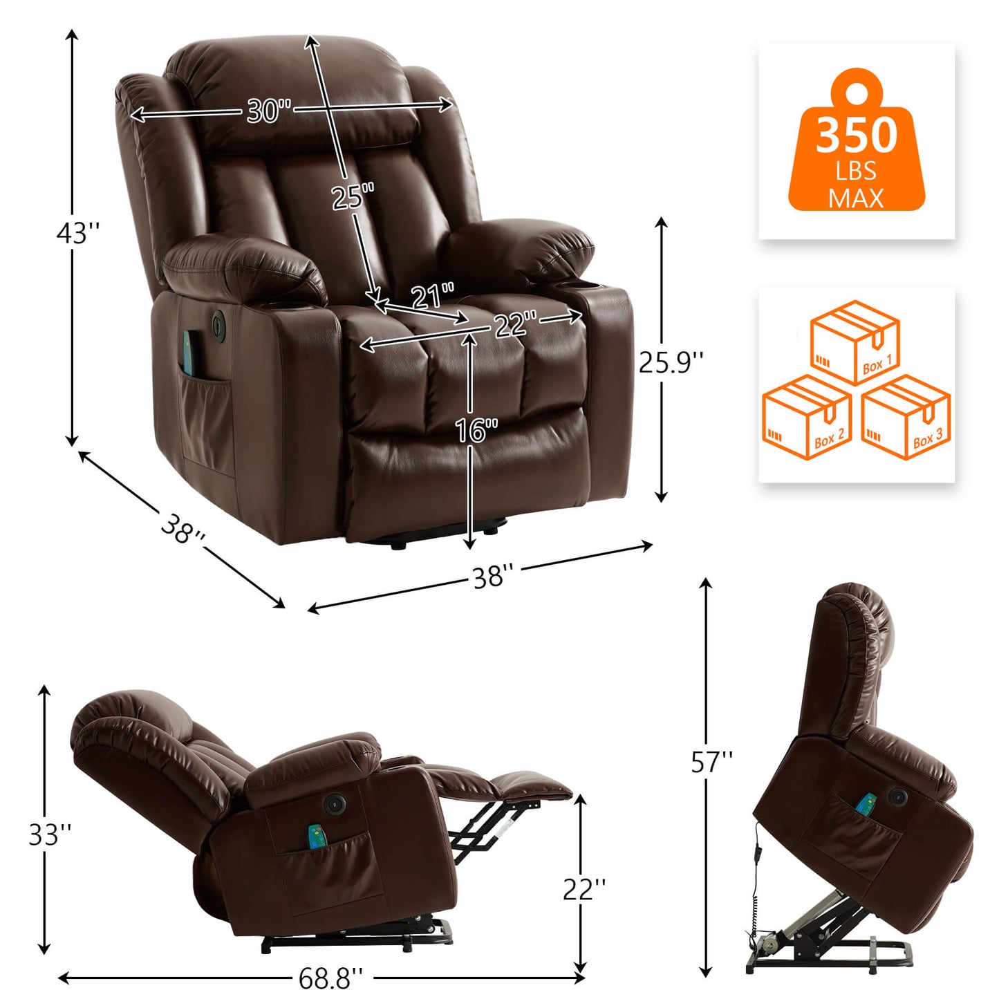 Brown recliner size data. Overall dimensions: 38“ x 38” x 43”, Weight capacity: 350lbs. Packed in 3 boxes.