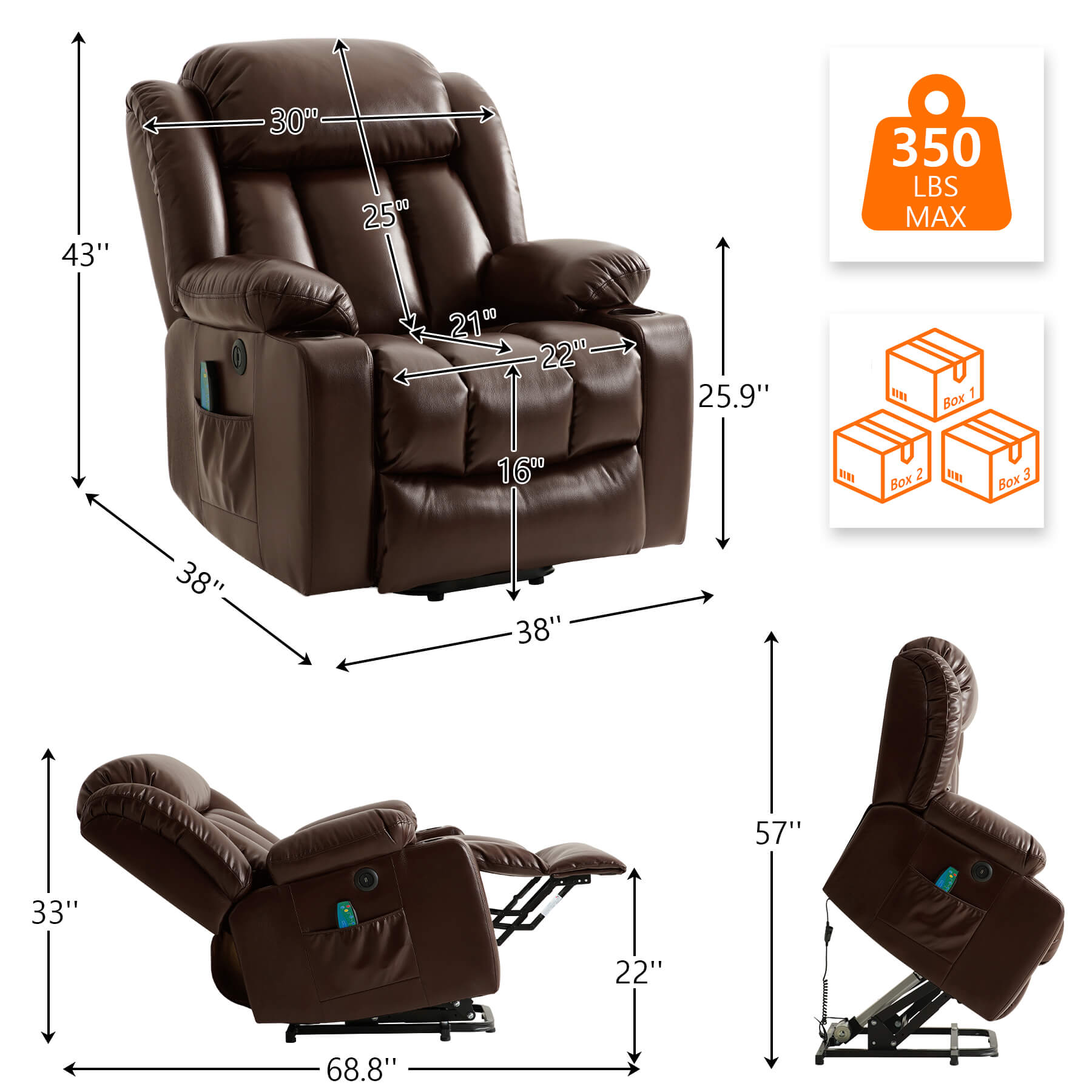 Brown recliner size data. Overall dimensions: 38“ x 38” x 43”, Weight capacity: 350lbs. Packed in 3 boxes.