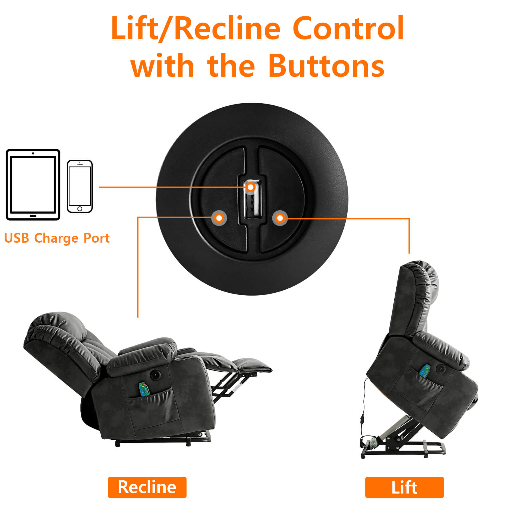 Adjust the standing or reclining position by pressing the button on the right side of the chair, and the USB port in the middle of the button charges low-power devices.