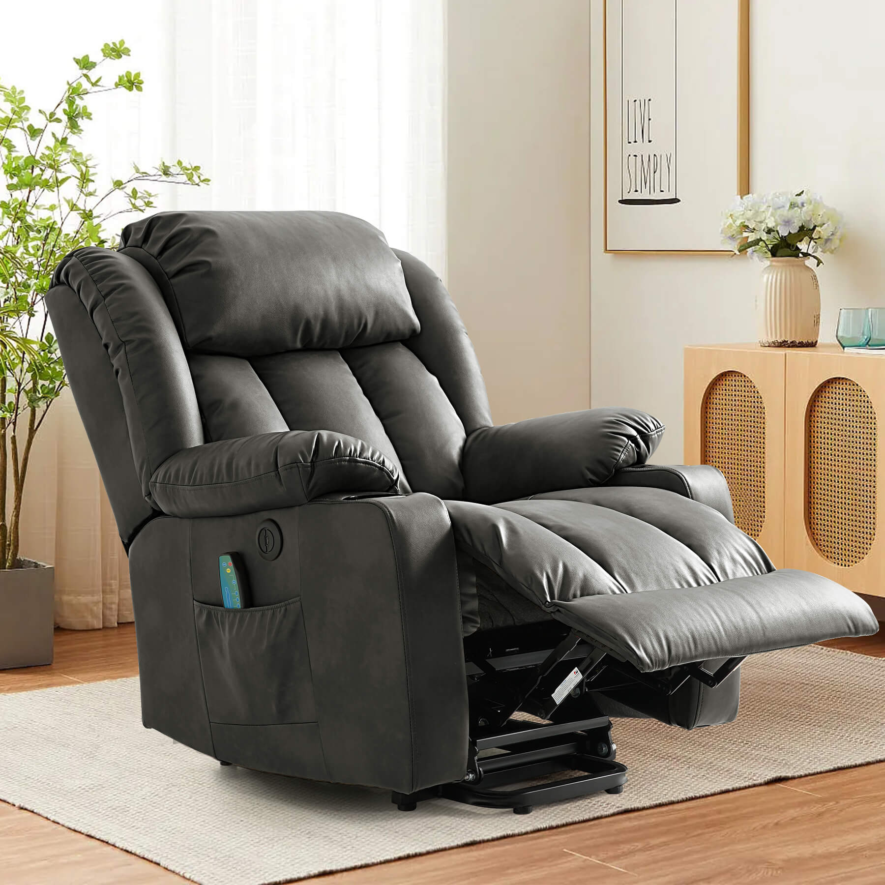 Asjmreye gray power lift chair in reclining position. Perfect for reading, watching TV and sleeping.
