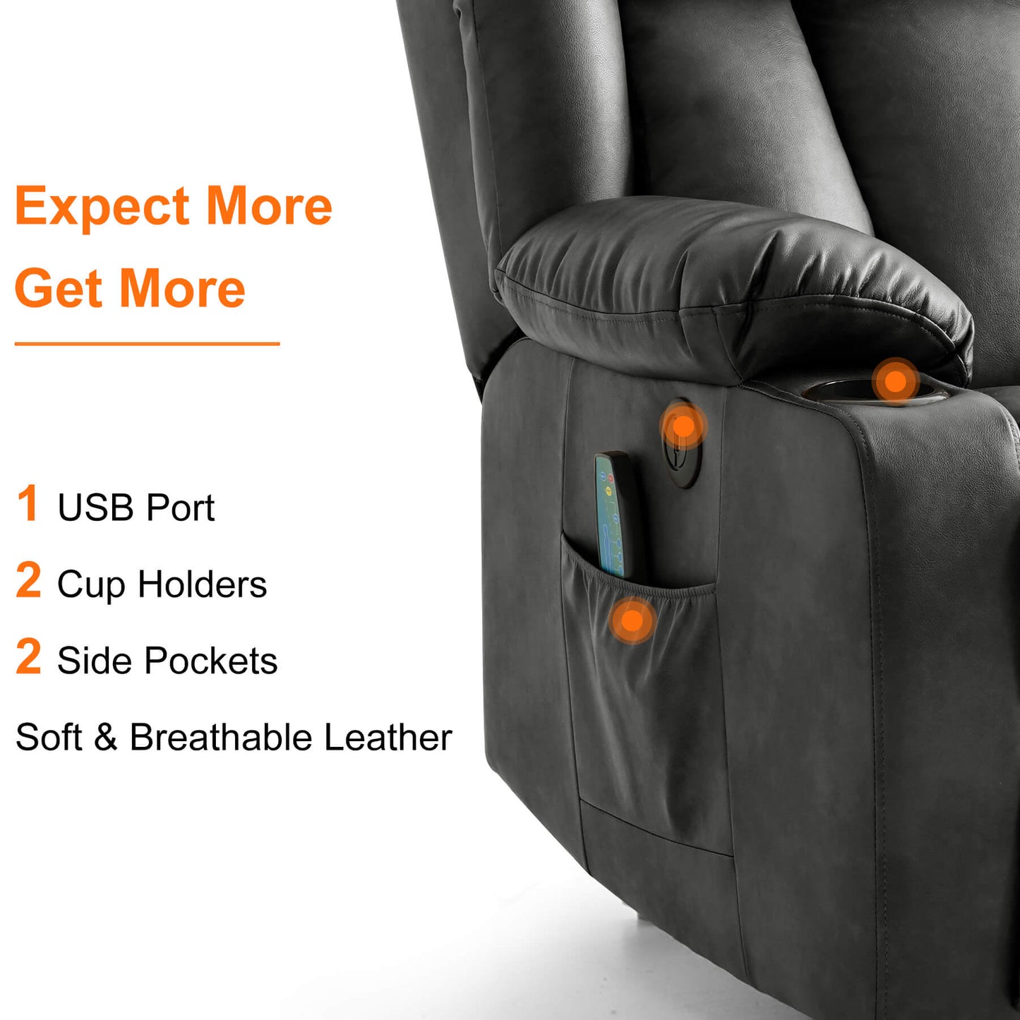 This breathable leather lift chair comes with a USB port, two cup holders, and two side pockets.