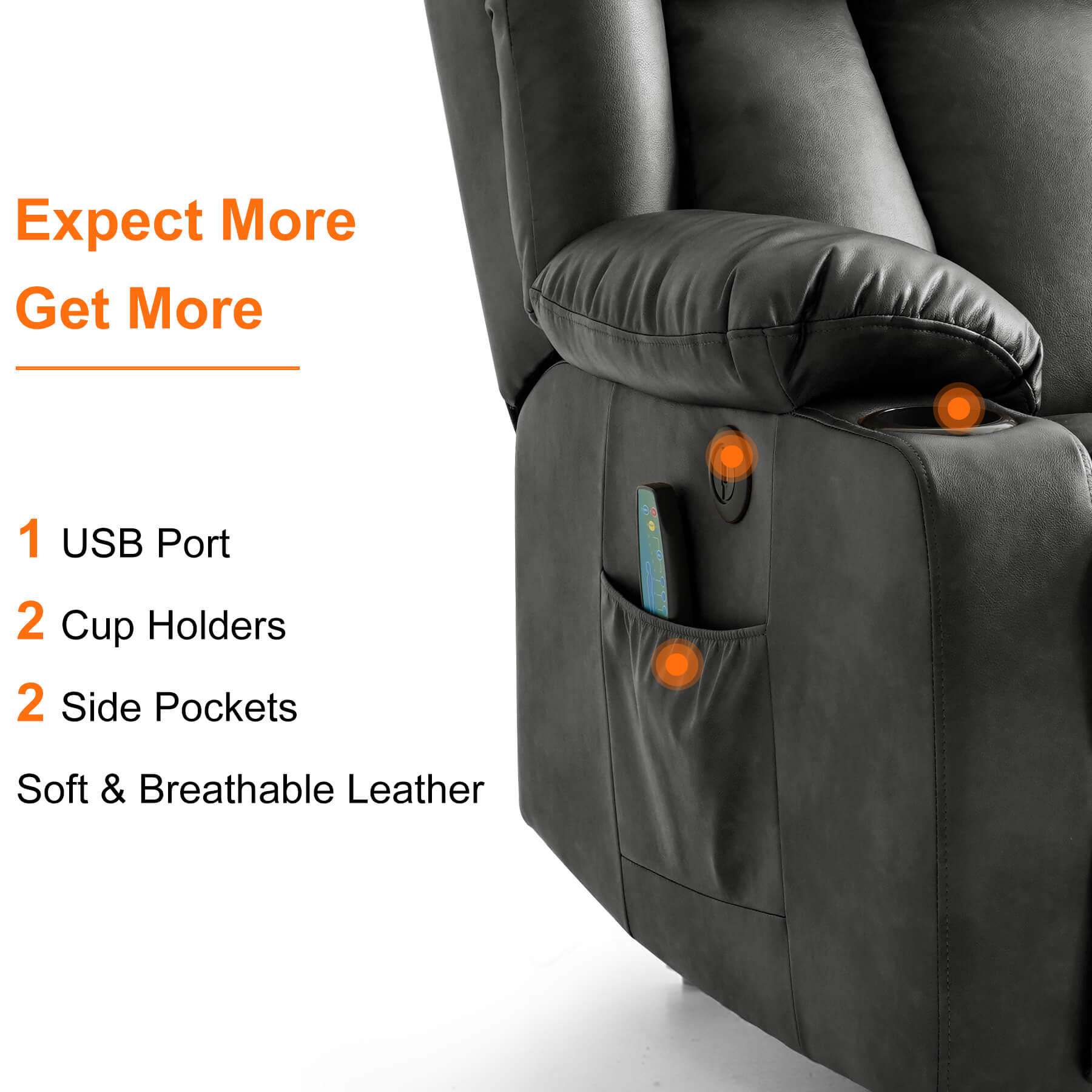 This breathable leather lift chair comes with a USB port, two cup holders, and two side pockets.