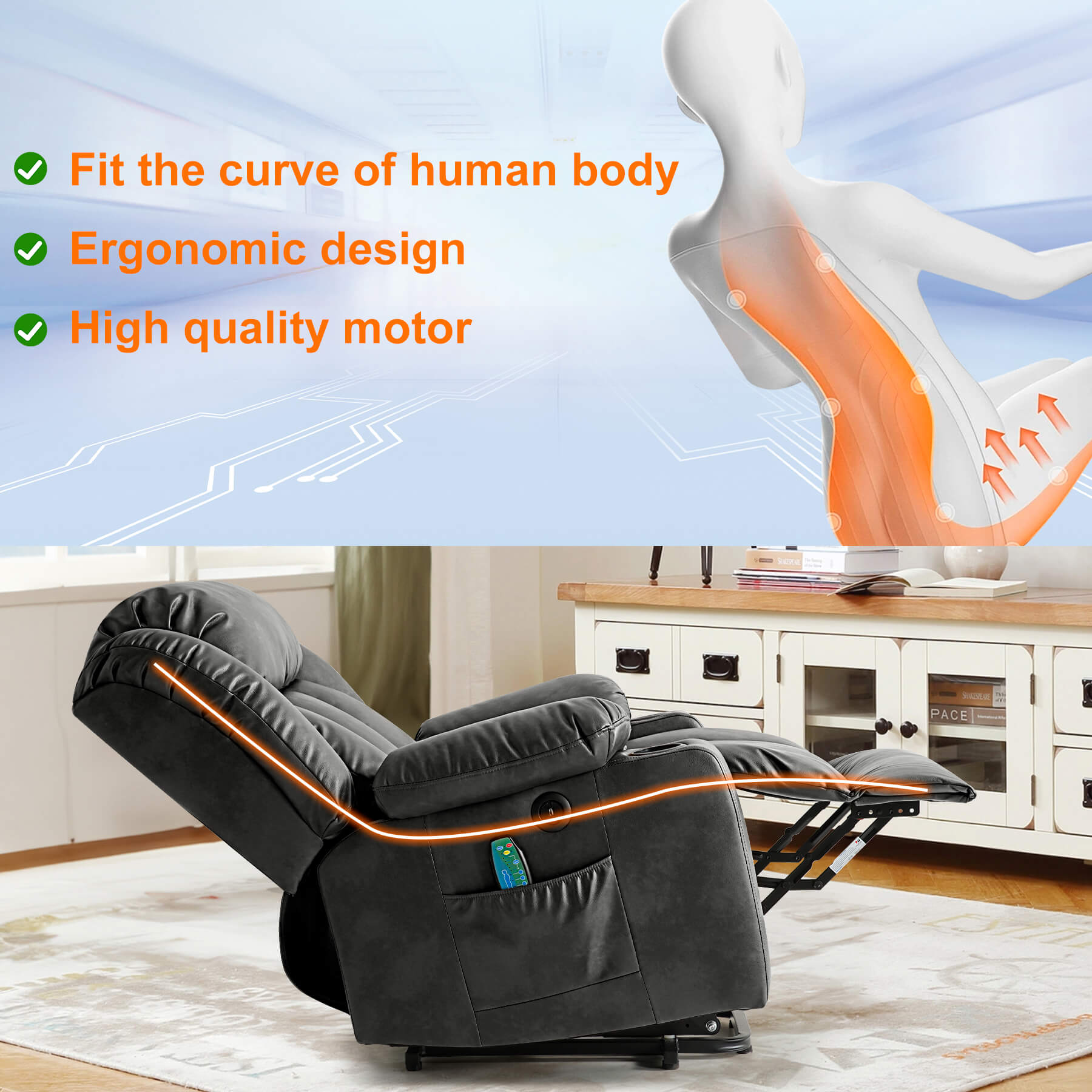 This electric recliner fits the body's curves when reclining, and the ergonomic design makes it perfect for everyday use.