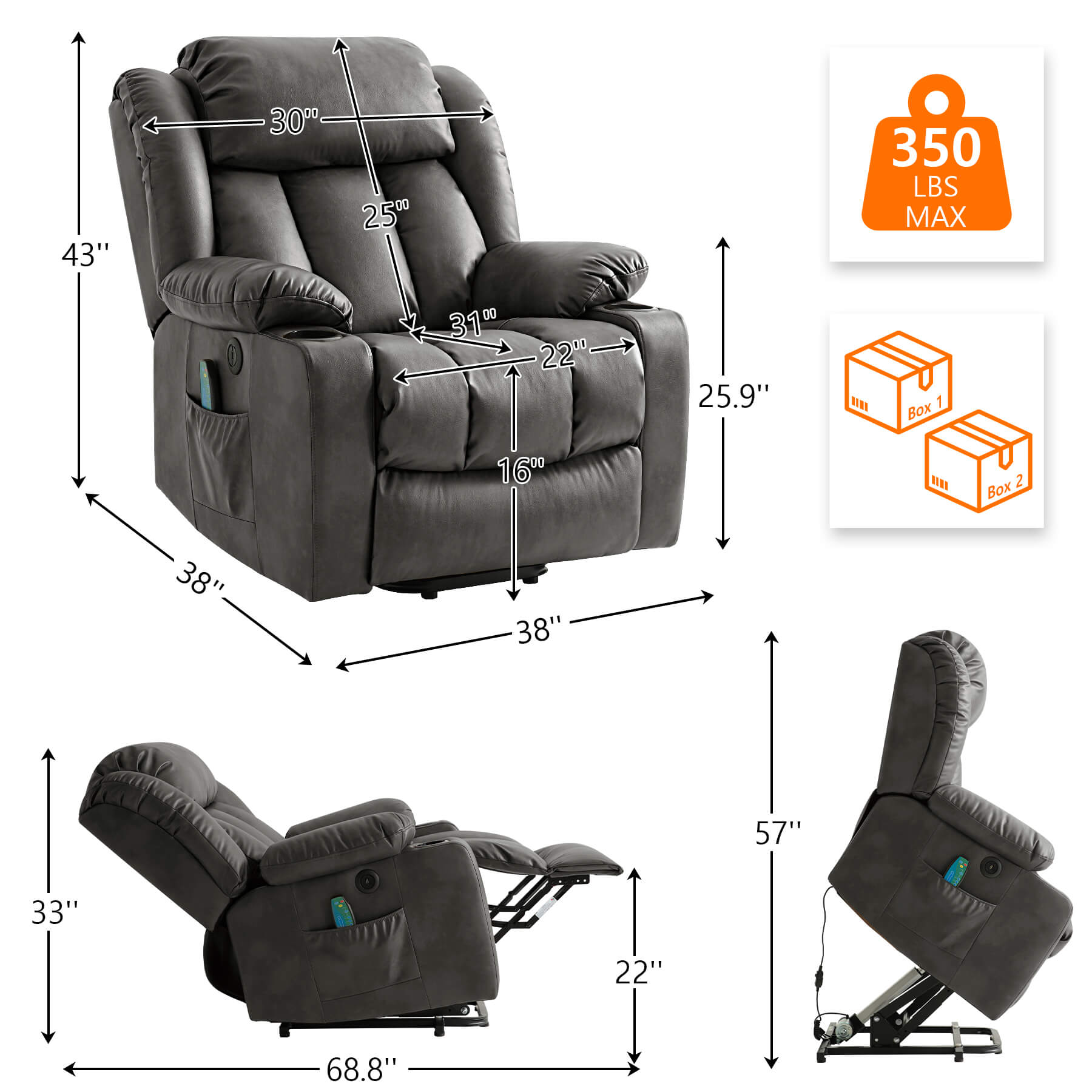 Gray recliner size data. Overall dimensions: 38“ x 38” x 43”, Weight capacity: 350lbs. Packed in 2 boxes.