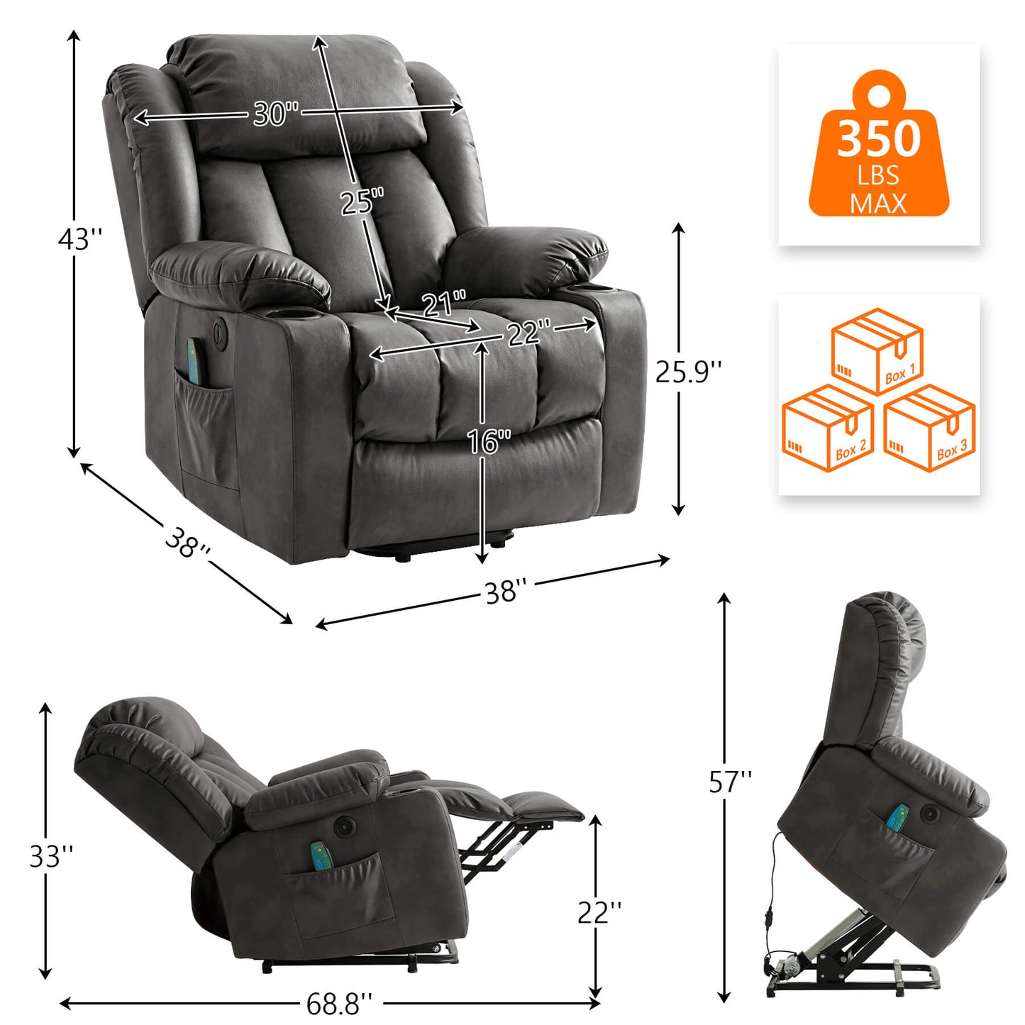 Gray recliner size data. Overall dimensions: 38“ x 38” x 43”, Weight capacity: 350lbs. Packed in 3 boxes.