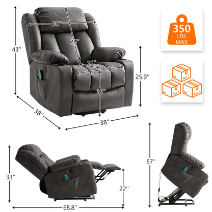 Gray recliner size data. Overall dimensions: 38“ x 38” x 43”, Weight capacity: 350lbs. Packed in 3 boxes.