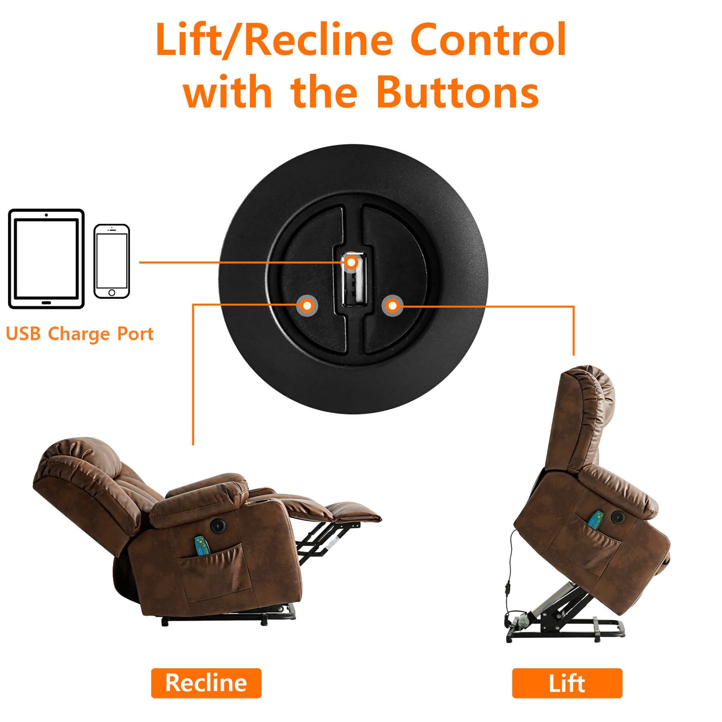 Adjust the standing or reclining position by pressing the button on the right side of the chair, and the USB port in the middle of the button charges low-power devices.