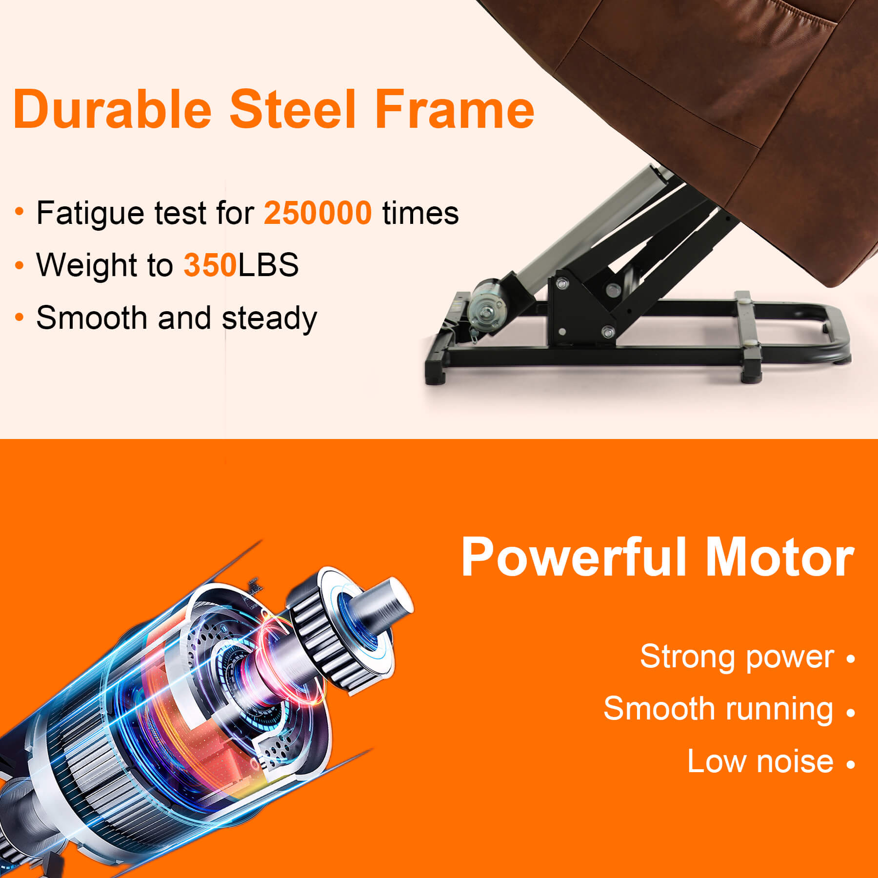 The luxury power lift recliner's durable steel frame and powerful motor support long-lasting and safe use.
