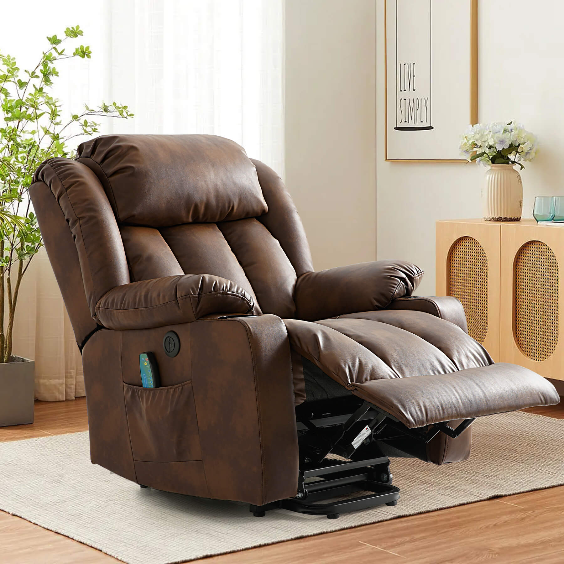 Asjmreye ochre power lift chair in reclining position. Perfect for reading, watching TV and sleeping.