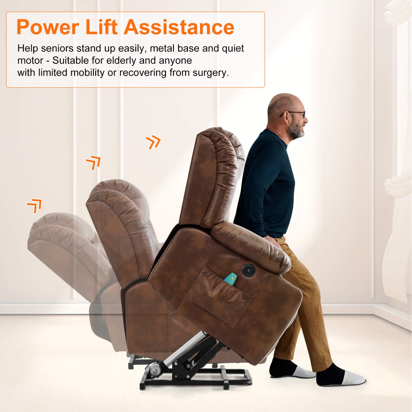 The power recliner's power lift mechanism assisted the senior to stand up easily.