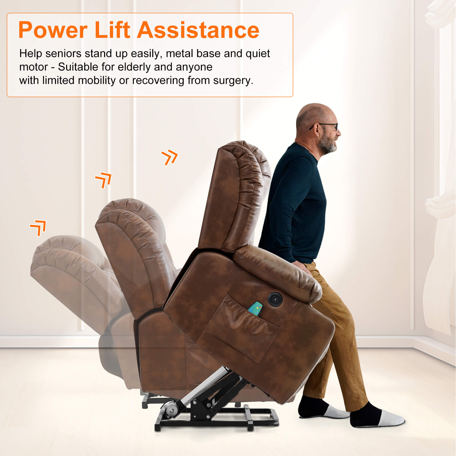 The power recliner's power lift mechanism assisted the senior to stand up easily.