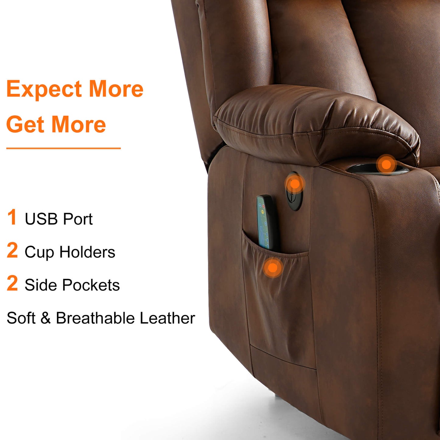 This breathable leather lift chair comes with a USB port, two cup holders, and two side pockets.