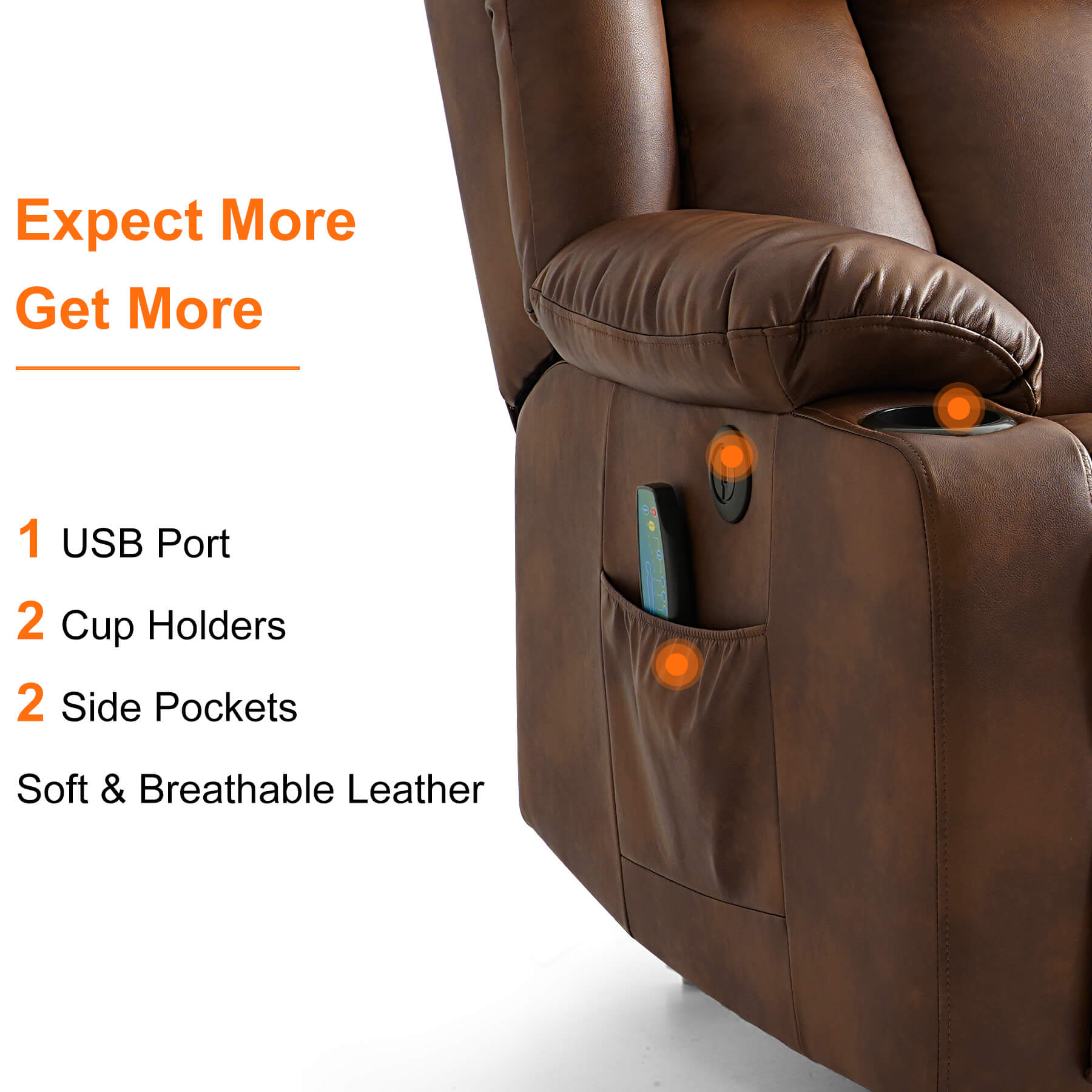 This breathable leather lift chair comes with a USB port, two cup holders, and two side pockets.