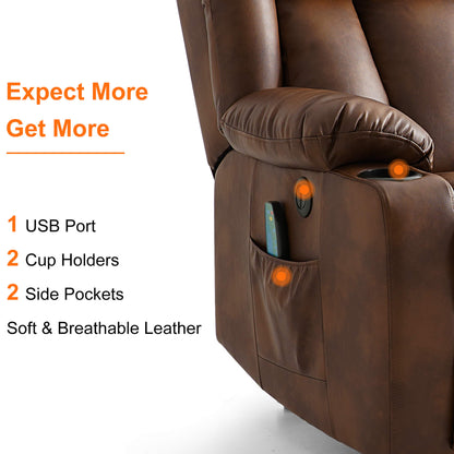 This breathable leather lift chair comes with a USB port, two cup holders, and two side pockets.