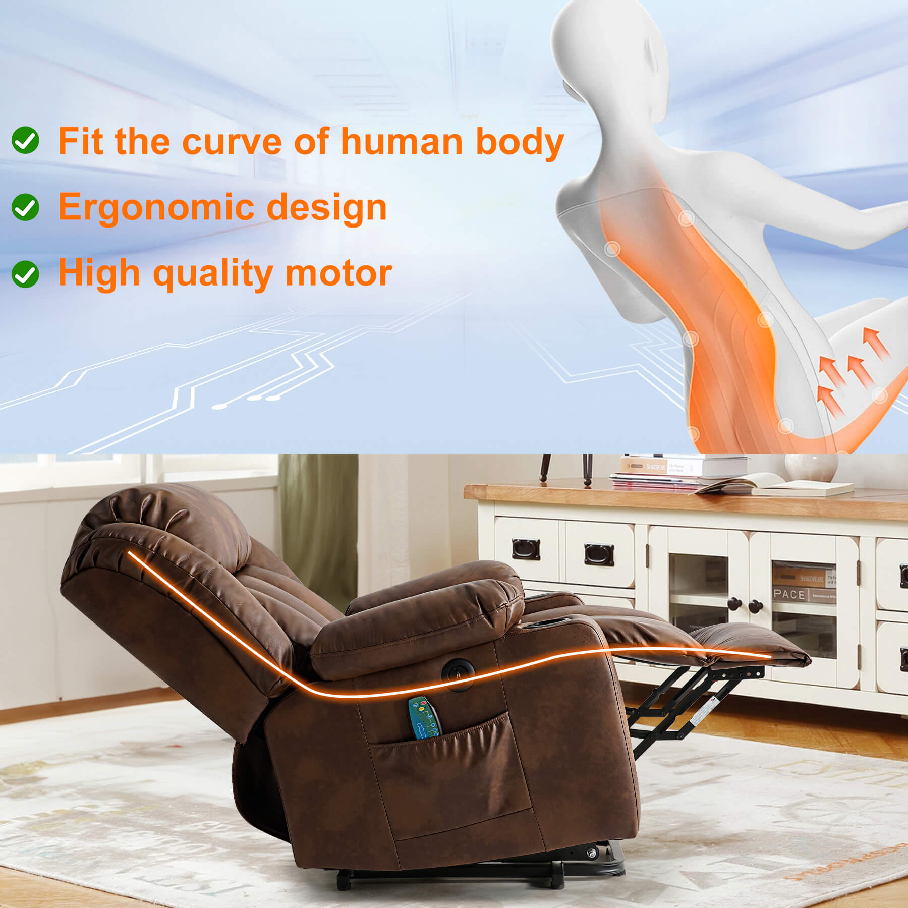 This electric recliner fits the body's curves when reclining, and the ergonomic design makes it perfect for everyday use.