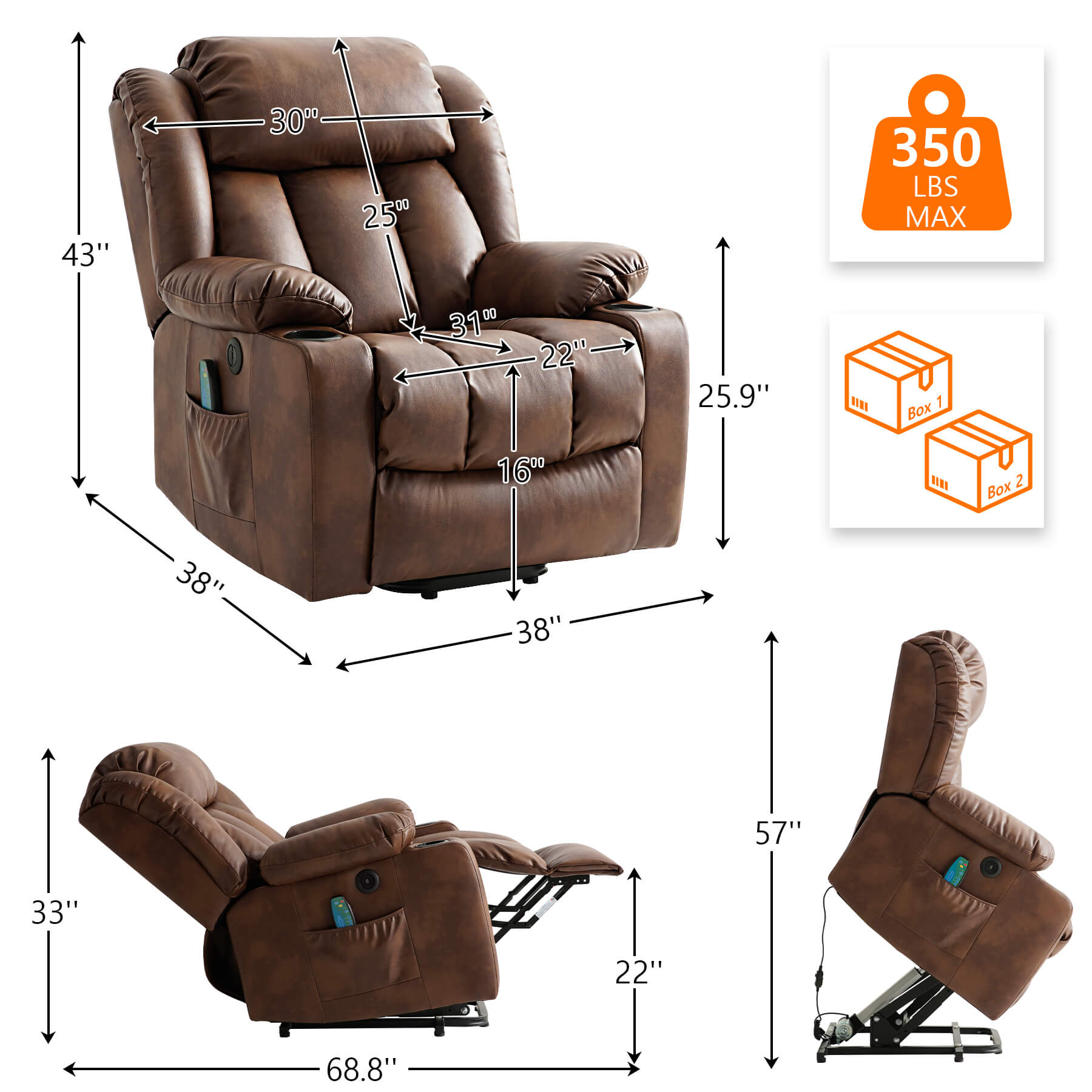 Ochre recliner size data. Overall dimensions: 38“ x 38” x 43”, Weight capacity: 350lbs. Packed in 2 boxes.