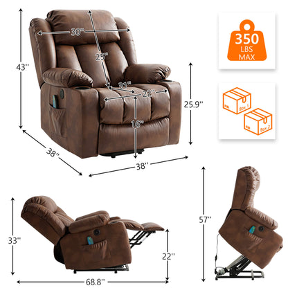 Ochre recliner size data. Overall dimensions: 38“ x 38” x 43”, Weight capacity: 350lbs. Packed in 2 boxes.