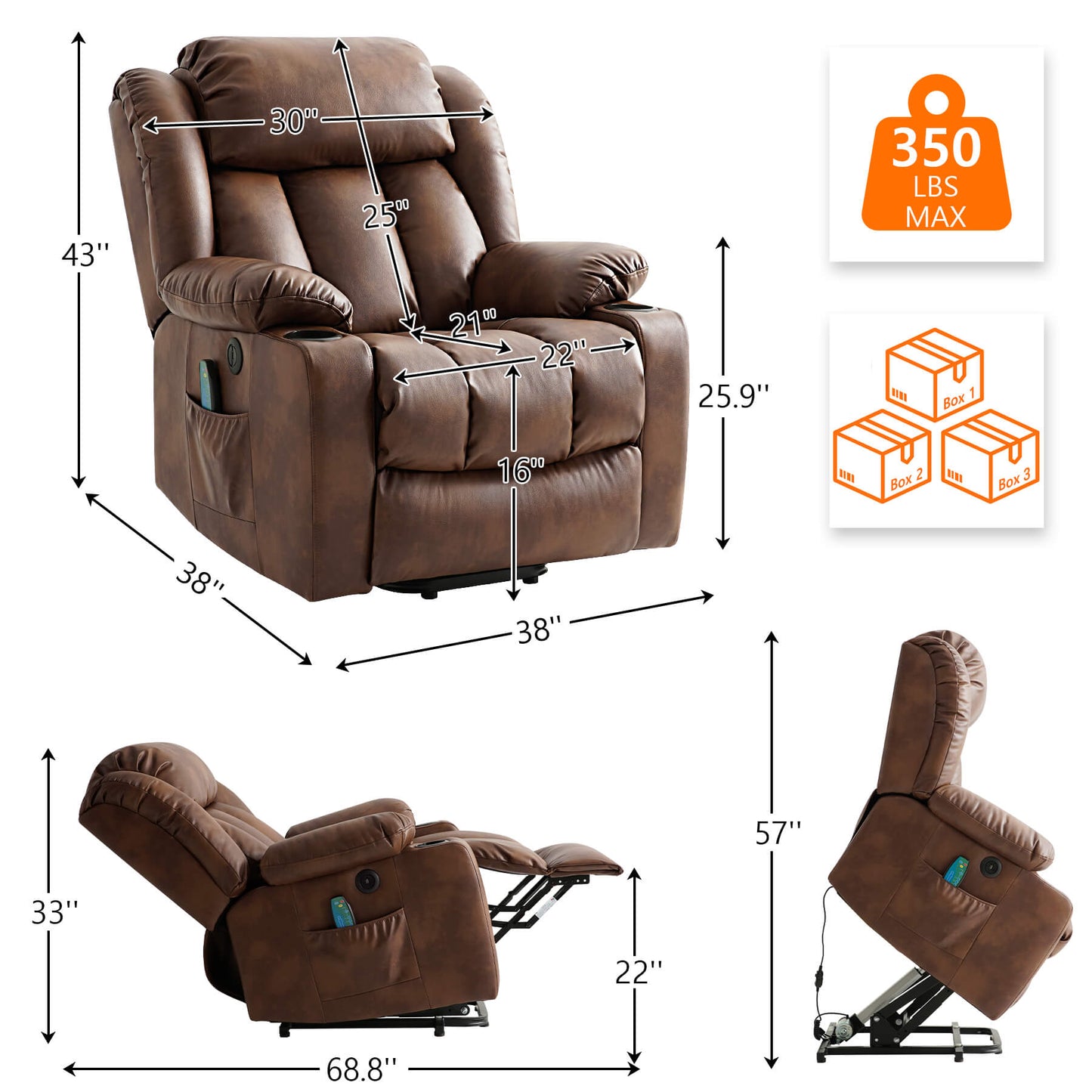 Ochre recliner size data. Overall dimensions: 38“ x 38” x 43”, Weight capacity: 350lbs. Packed in 3 boxes.