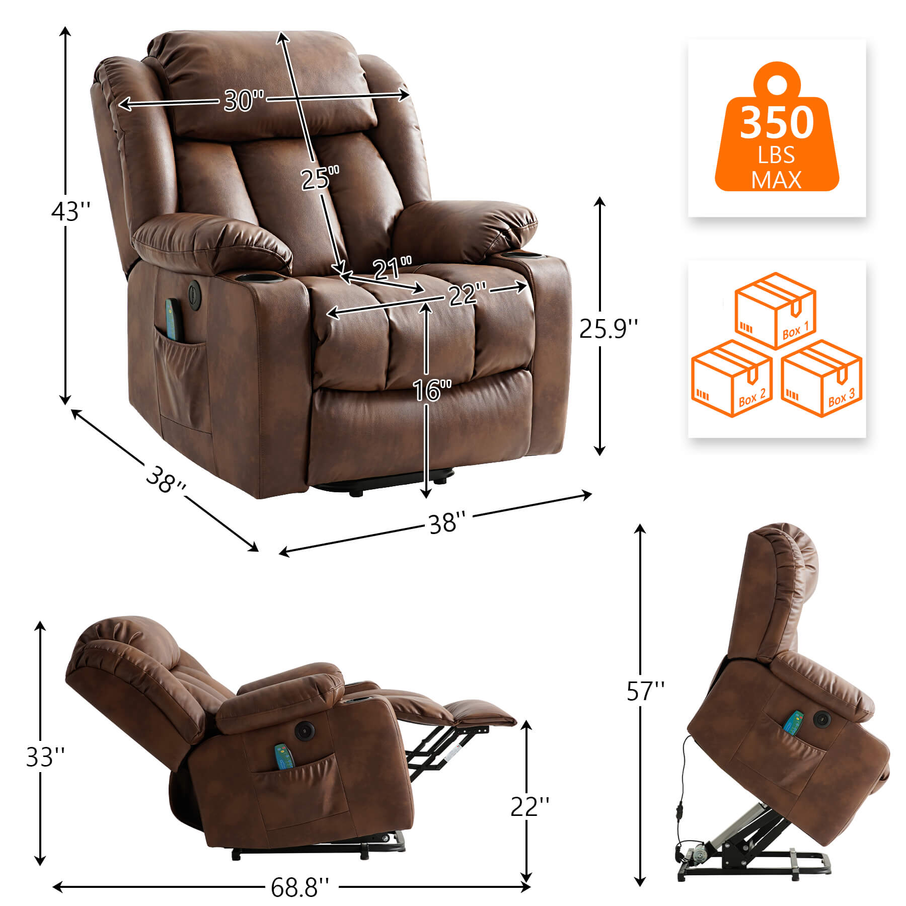 Ochre recliner size data. Overall dimensions: 38“ x 38” x 43”, Weight capacity: 350lbs. Packed in 3 boxes.