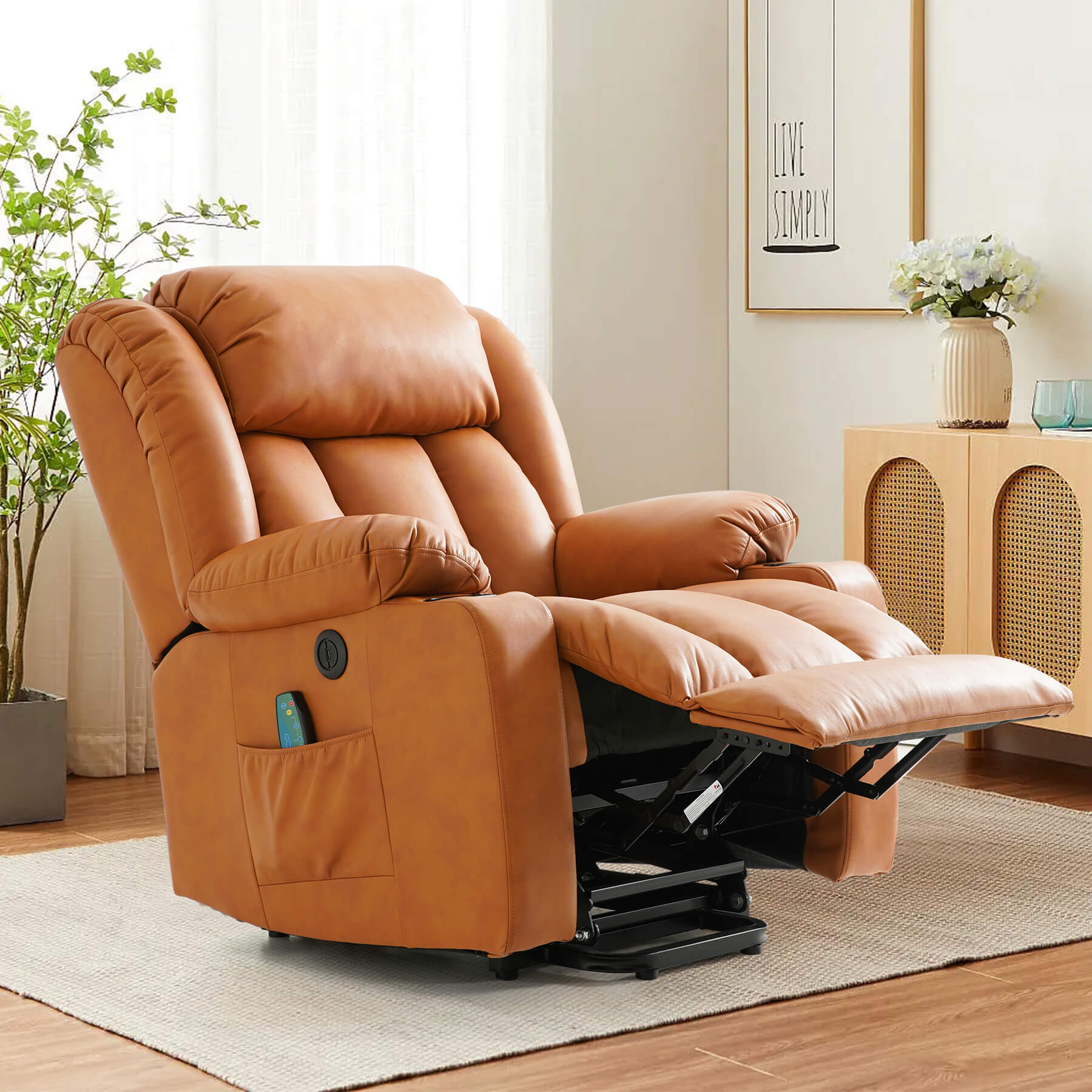Asjmreye orange power lift chair in reclining position. Perfect for reading, watching TV and sleeping.