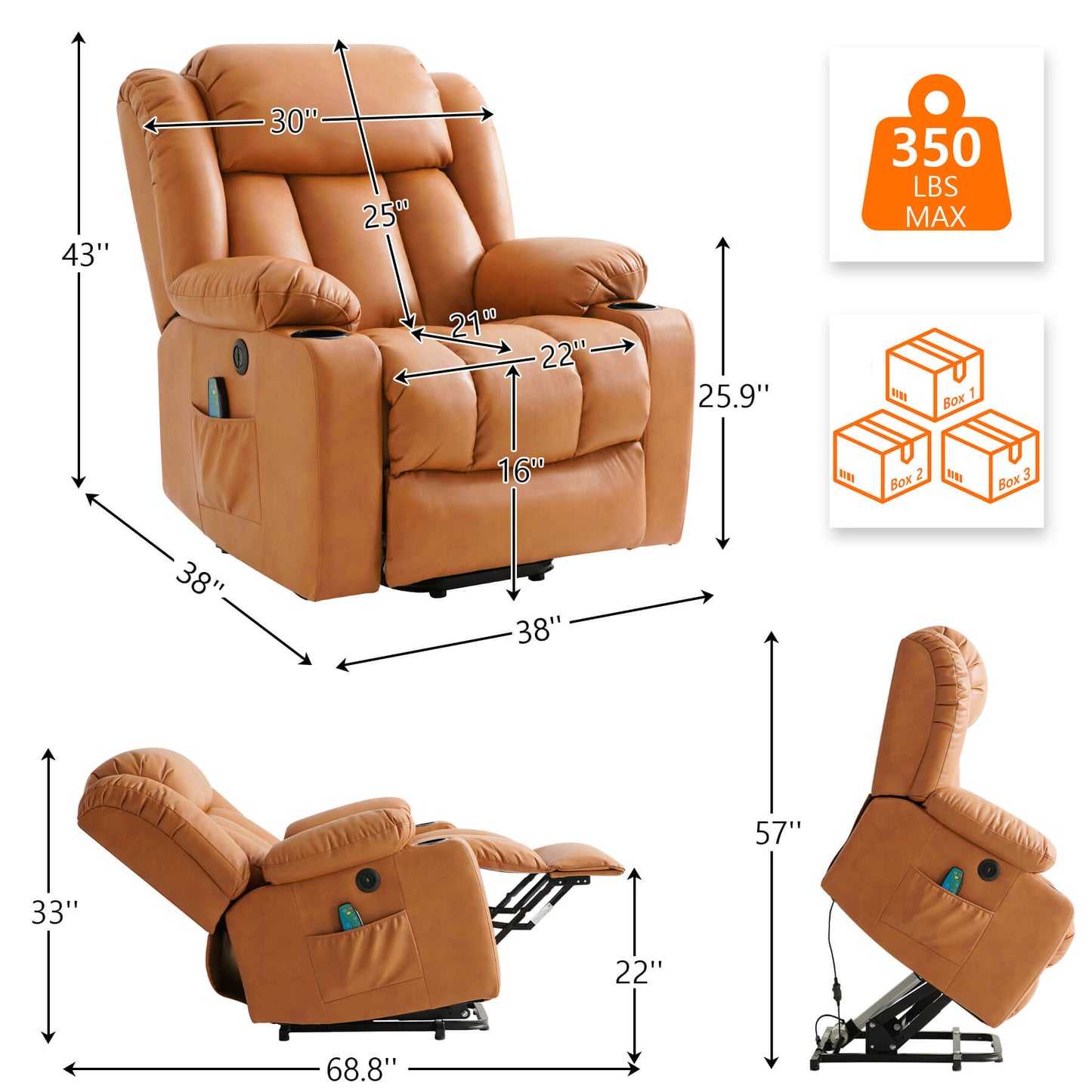 Orange recliner size data. Overall dimensions: 38“ x 38” x 43”, Weight capacity: 350lbs. Packed in 3 boxes.
