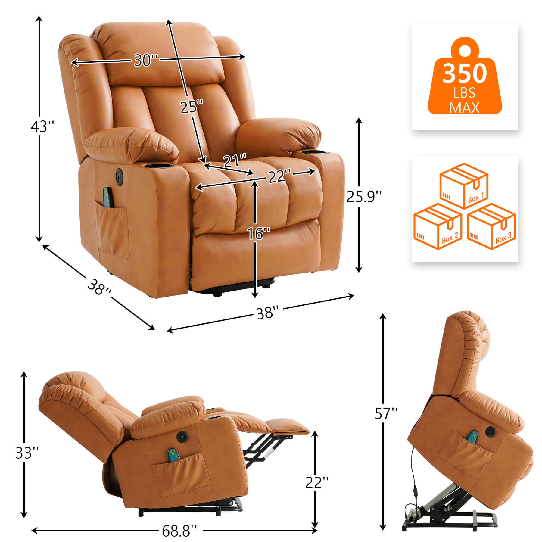Orange recliner size data. Overall dimensions: 38“ x 38” x 43”, Weight capacity: 350lbs. Packed in 3 boxes.