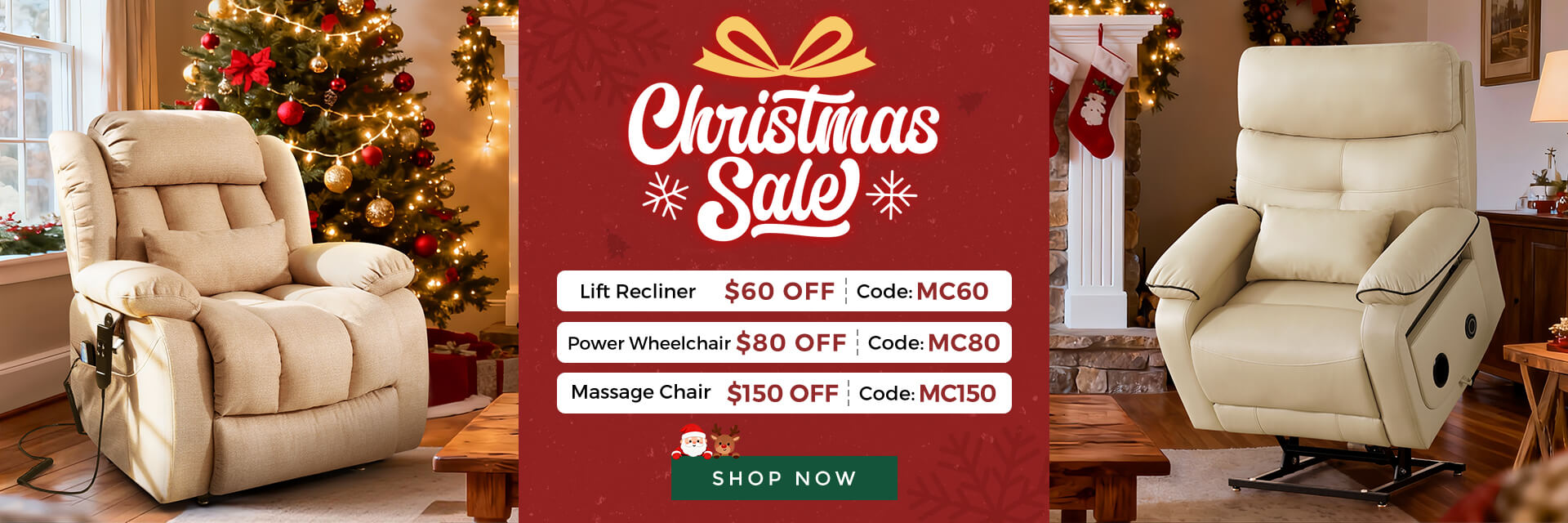 Beige recliners in a living room with a Christmas sale banner overlay, recliner $60 off