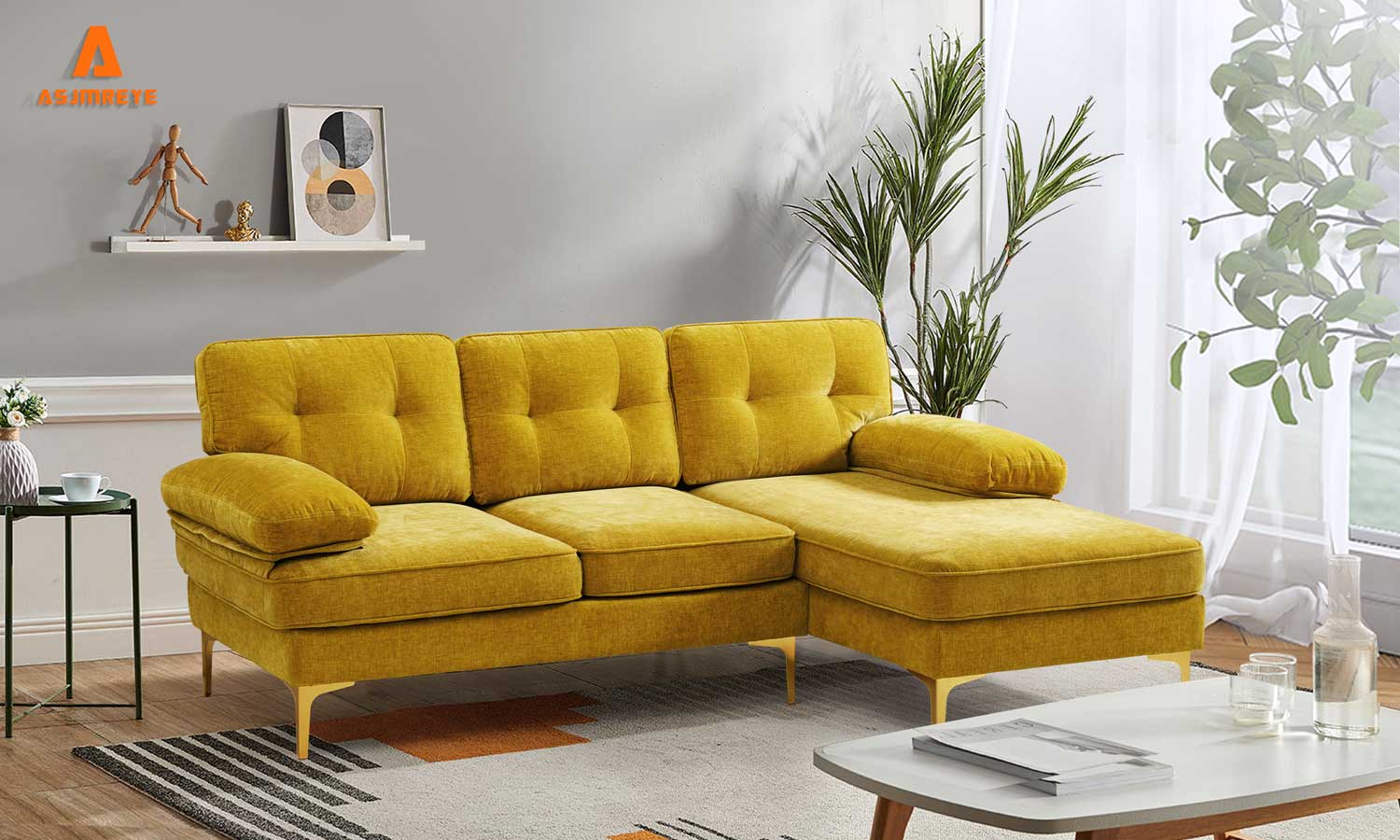 L_shaped_gold_chenille_sectional_sofa_in_living_room