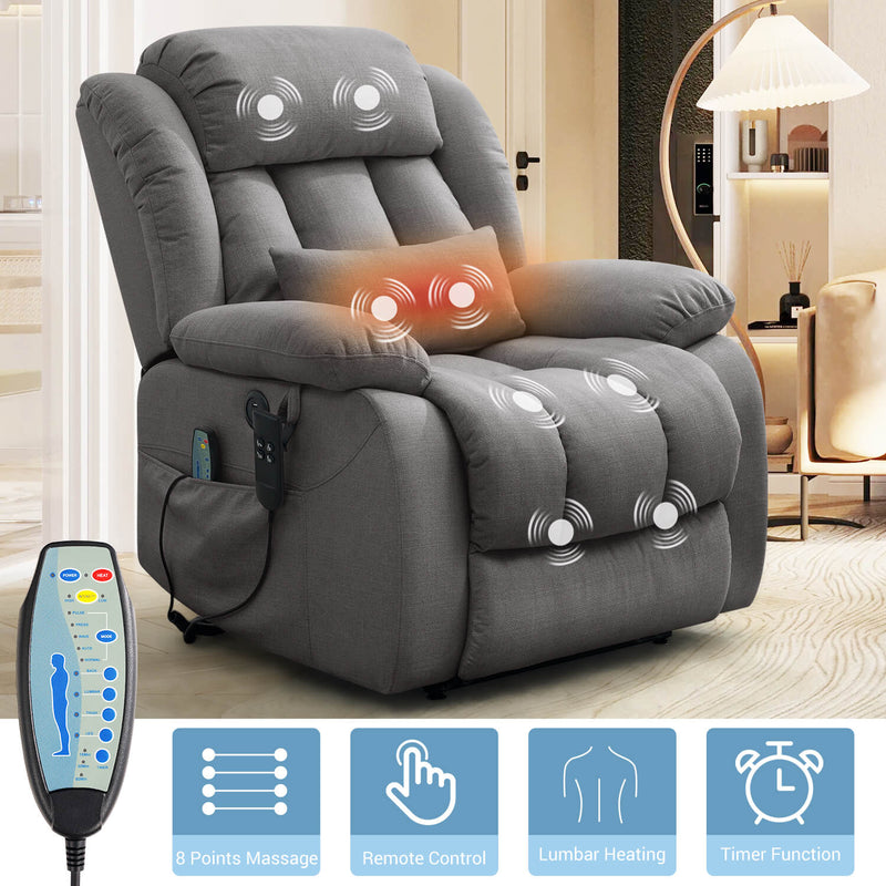 Asjmreye_dual_motor_lift_recliner_chair_grey_fabric , inlcuding lumbar pillow, with massage and heating