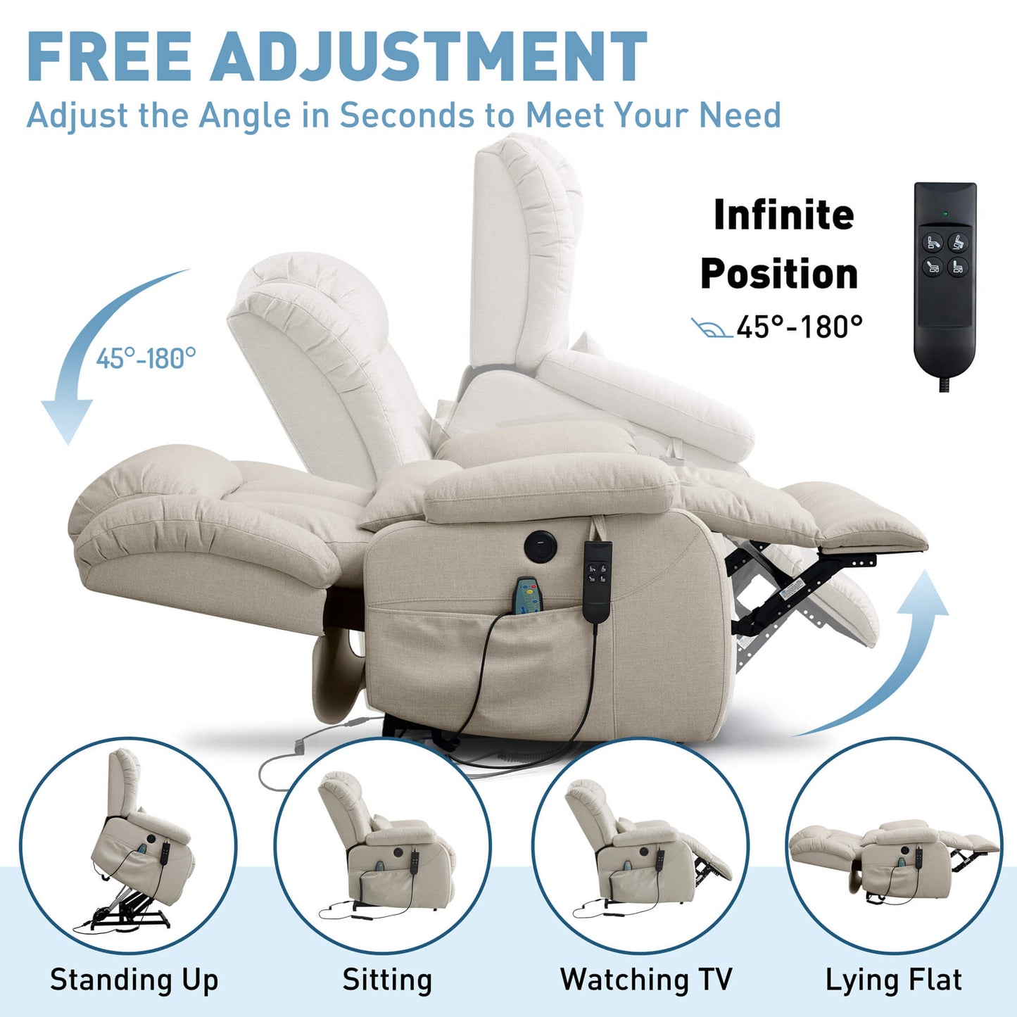 Infinitely position-adjustable recliner that supports from standing to lying flat, operated by remote control.