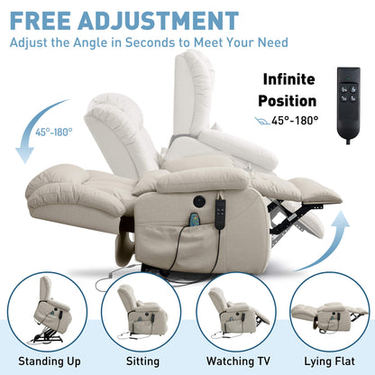 Infinitely position-adjustable recliner that supports from standing to lying flat, operated by remote control.