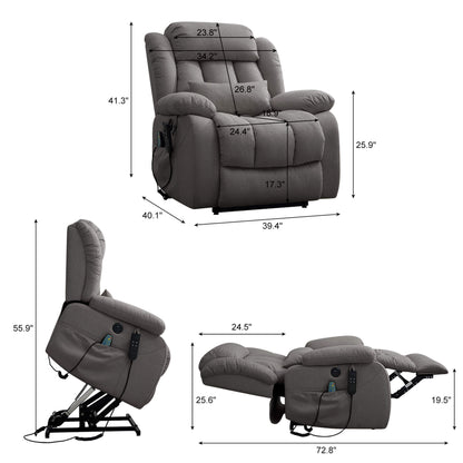 Gray recliner size data. Overall dimensions: 39.4 x 40.1 x 41.3 inches, Weight capacity: 350 lbs.