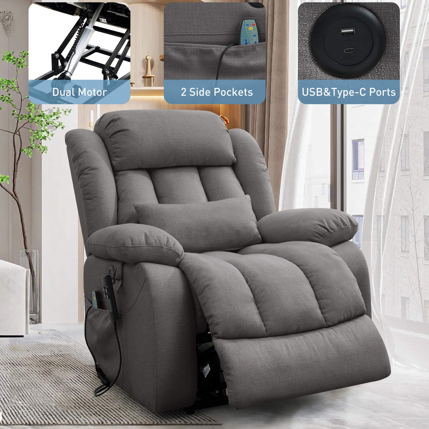 The power recliner has built-in dual motors, two side pockets and USB and Type C charging ports.