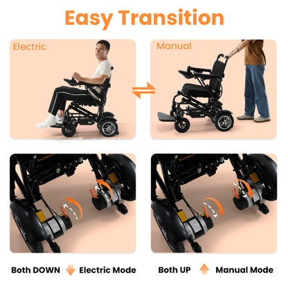 The power wheelchair can be easily switched to manual wheelchair by breaking the switch at the rear.