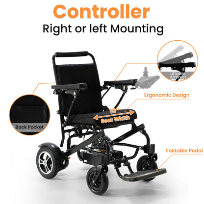 The wheelchair controllers can be switched from left to right and the armrests are liftable. Seat width 18 inches. There is a pocket behind the backrest.