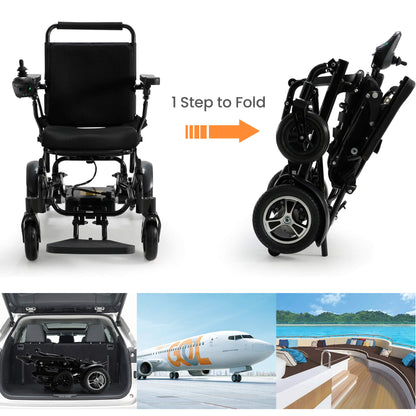 This power wheelchair folds in just one step, fits in the trunk, and supports boarding airplanes and ships.