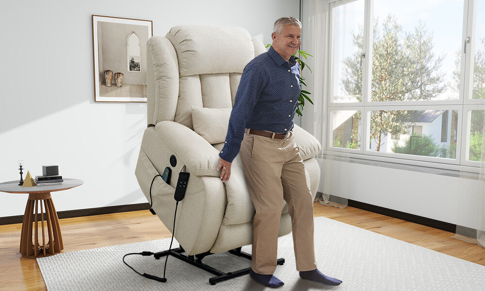 A_man_stands_up_easily_with_the_help_of_a_linen_fabric_power_lift_chair_recliner