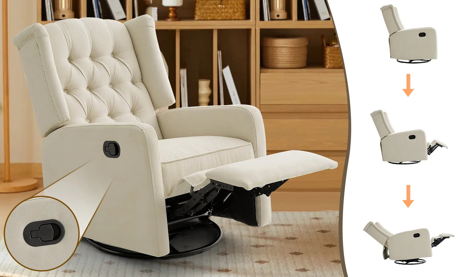 This rocking recliner allows you to adjust the sitting position to recline by pulling up on the right side buckle.