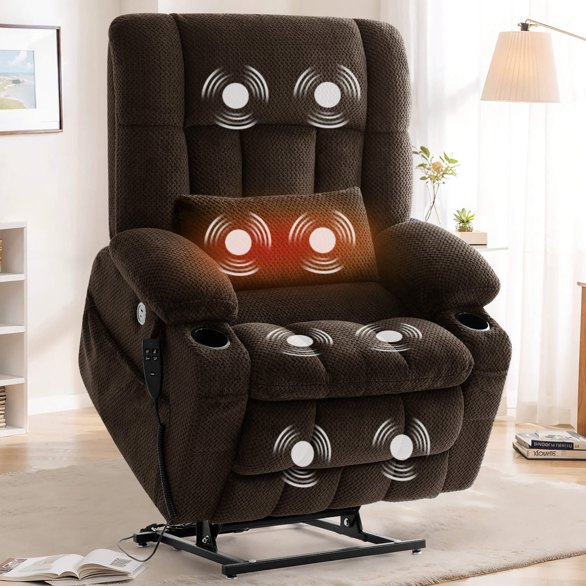 Extra wide seat lift recliner with vibration massage and lumbar heating, first choice chair for living room.