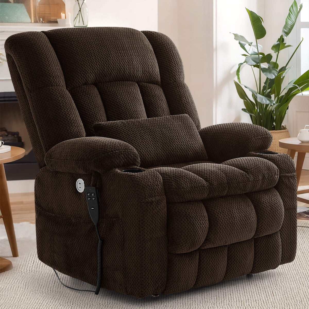 Sitting condition brown oversized fabric power recliner.