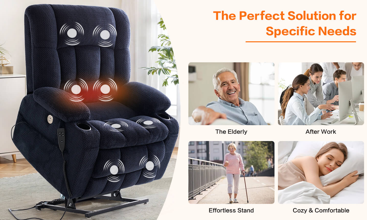 Massage chair with text highlighting its benefits for various users