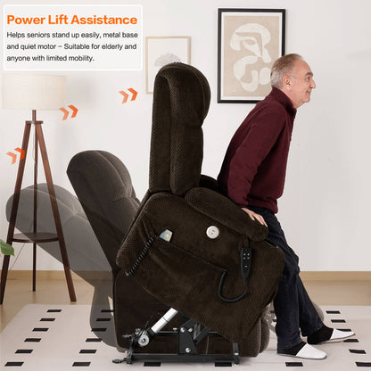 Brown power lift assistance chair with a man using it in a home setting.