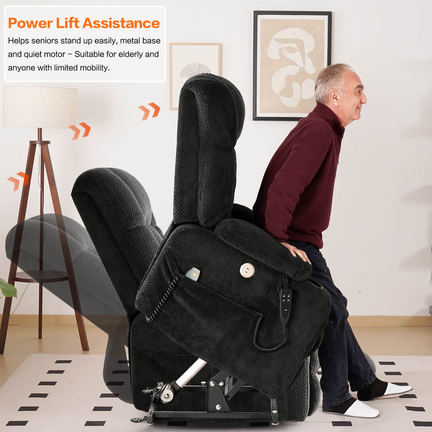 Black power lift chair assisting a man stand up in a home setting.