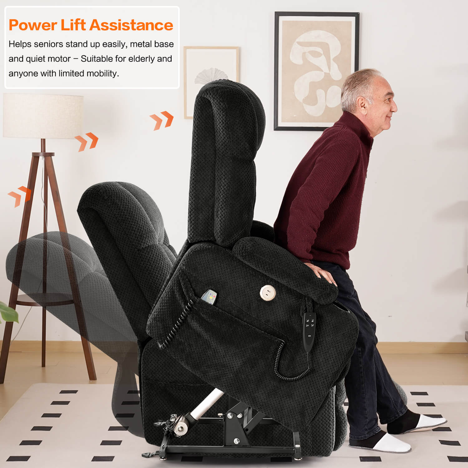 Black power lift chair assisting a man stand up in a home setting.