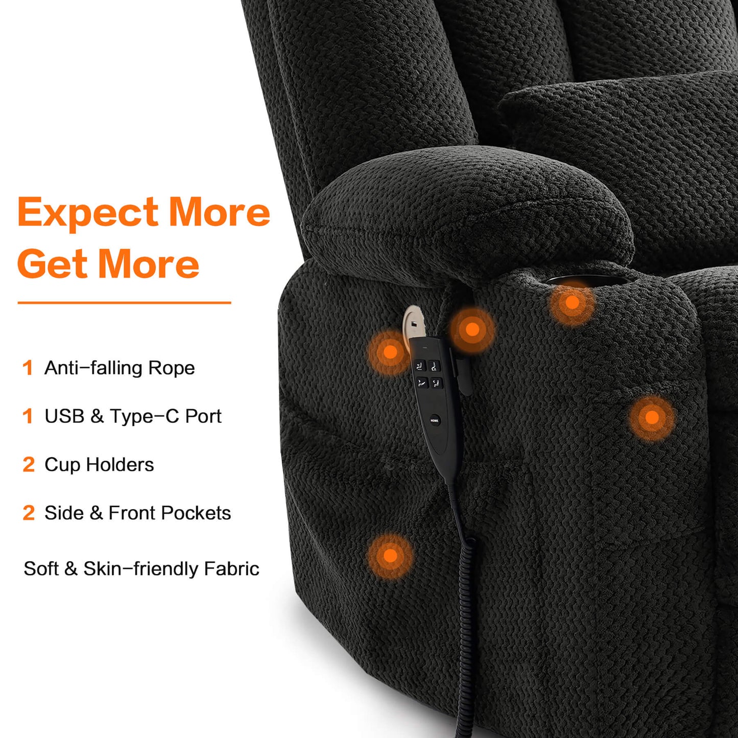 This soft fabric chair has USB and type-c ports, two cup holders, two side and front pockets.