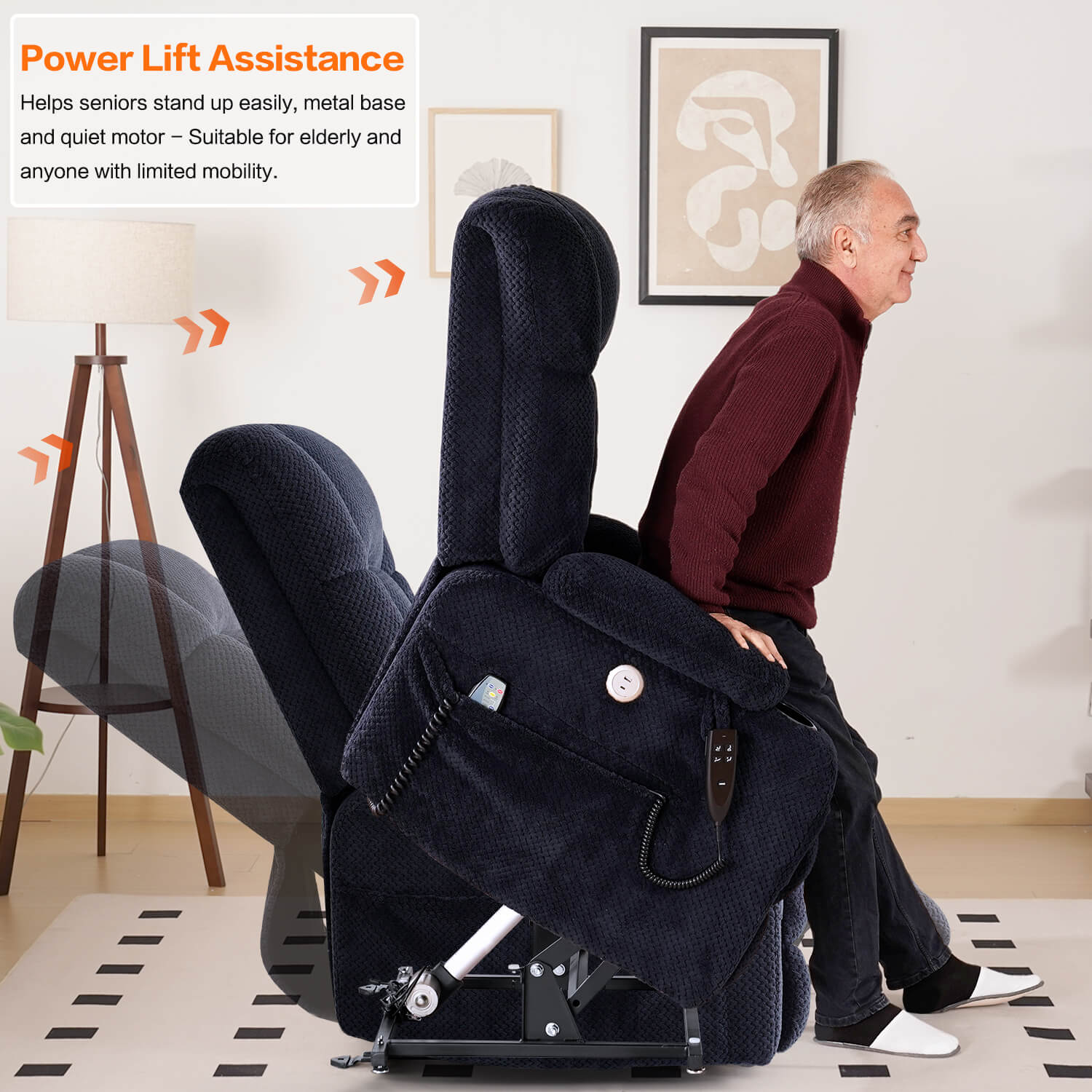 Man using a power lift assistance chair in a home setting with text about its features.